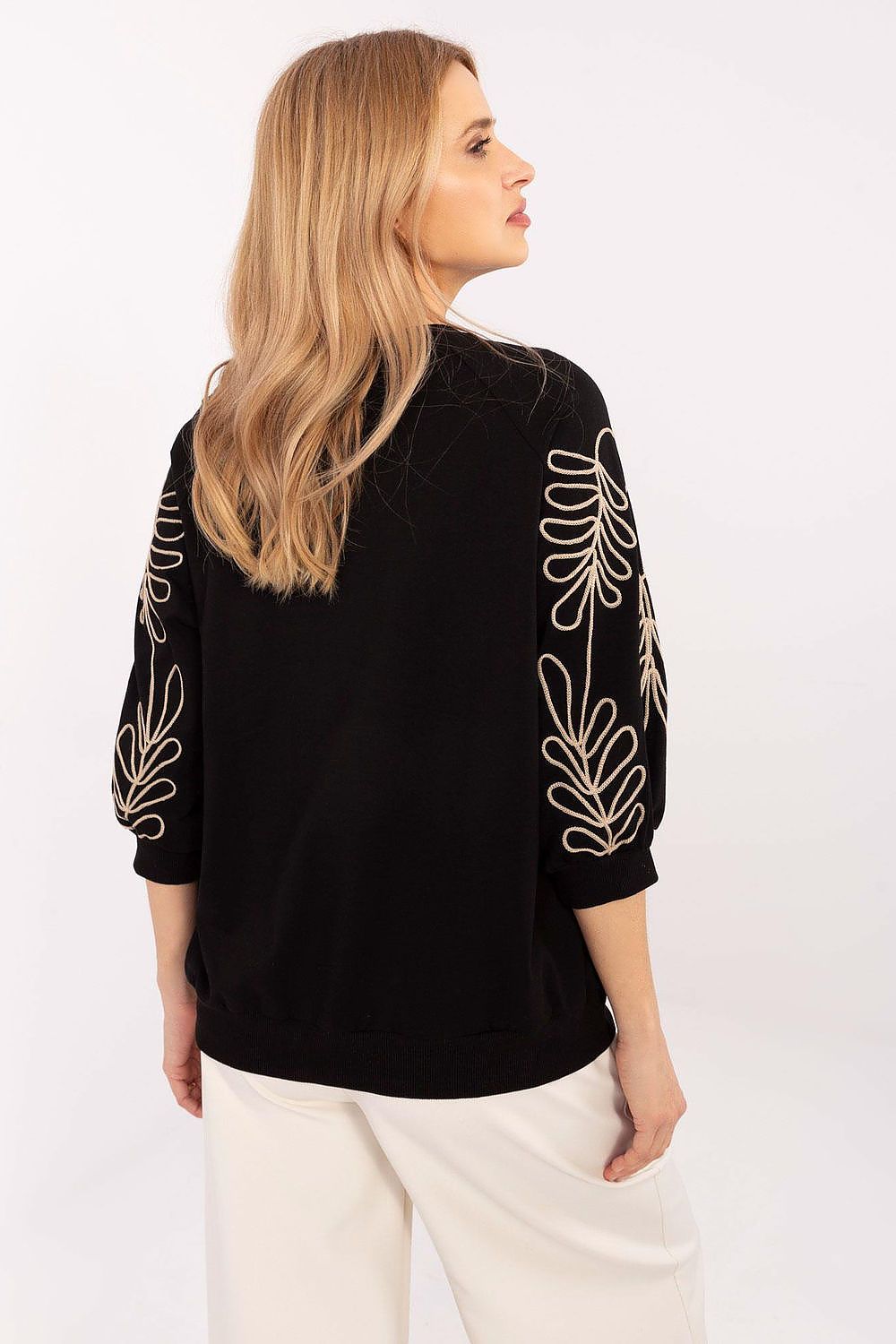 Sweatshirt Damen Kängurutasche Stickerei 3/4 Arm