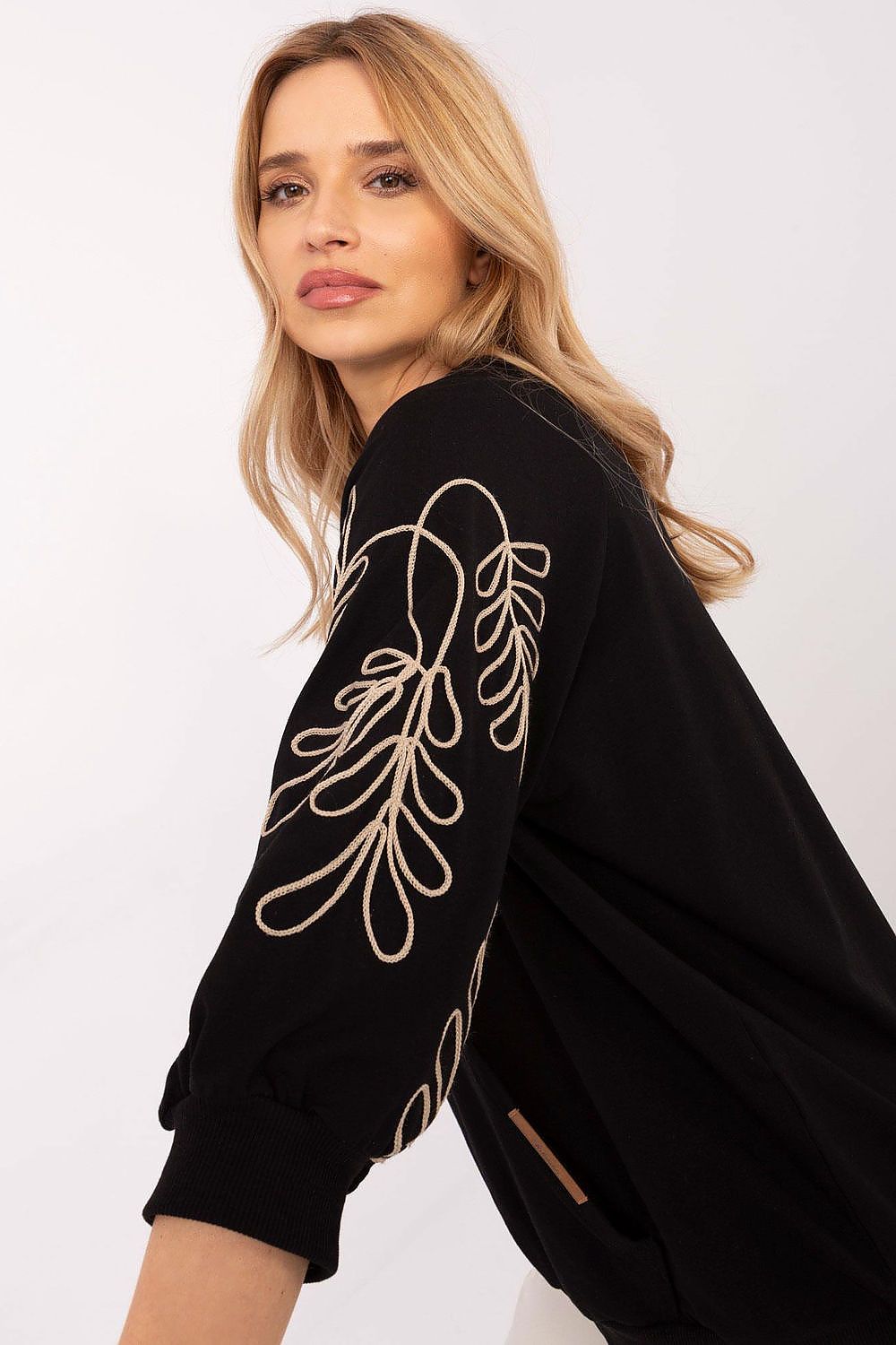 Sweatshirt Damen Kängurutasche Stickerei 3/4 Arm