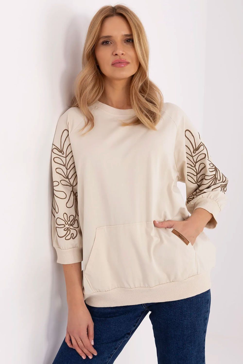 Sweatshirt Damen Kängurutasche Stickerei 3/4 Arm