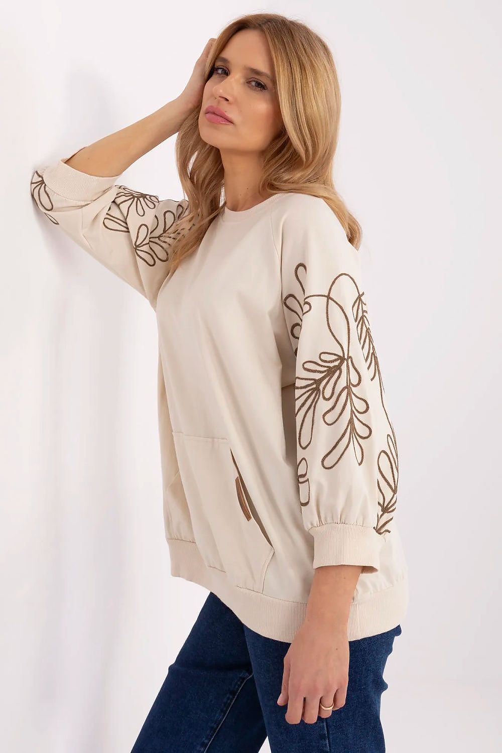 Sweatshirt Damen Kängurutasche Stickerei 3/4 Arm