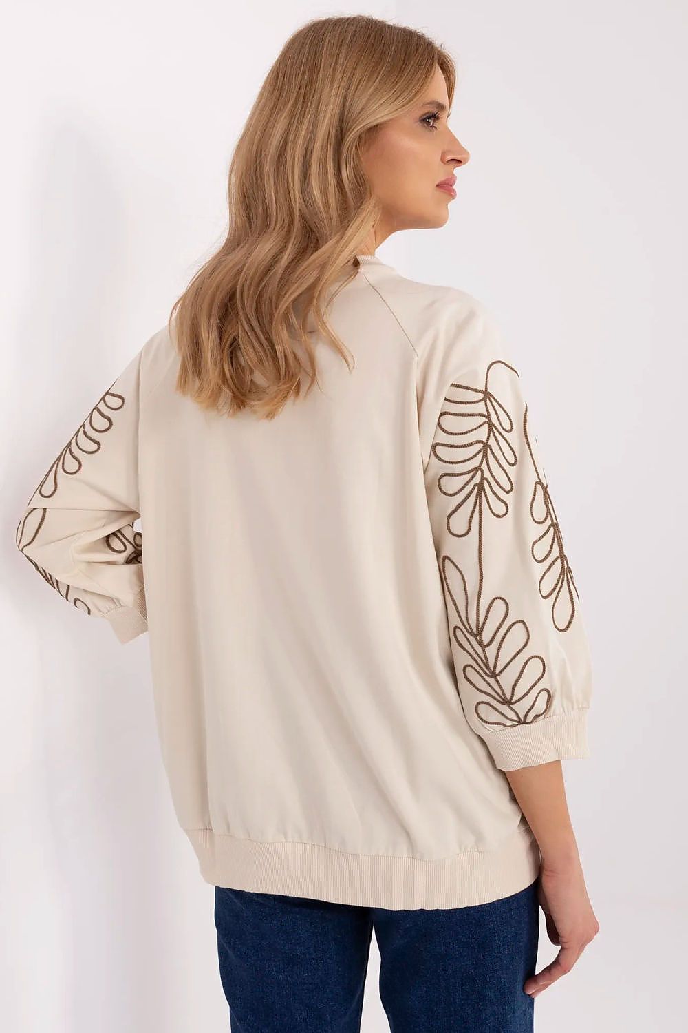 Sweatshirt Damen Kängurutasche Stickerei 3/4 Arm