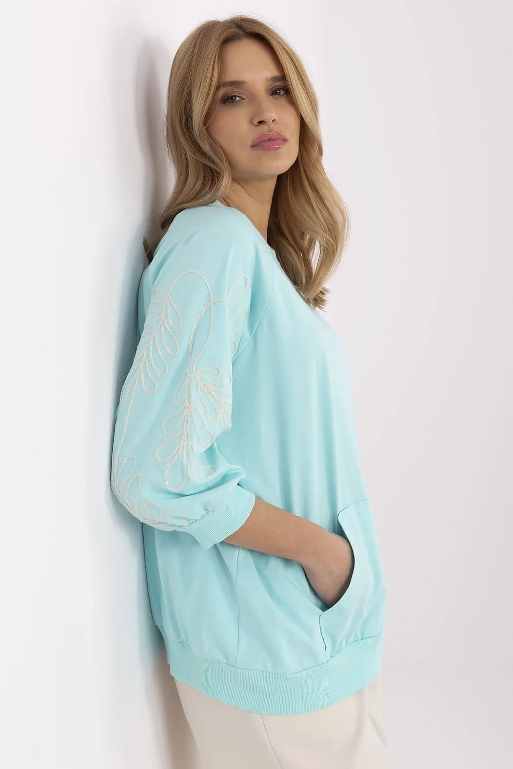 Sweatshirt Damen Kängurutasche Stickerei 3/4 Arm