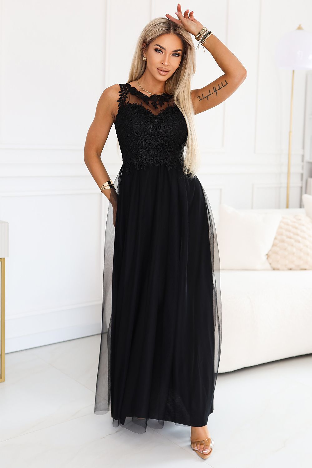 Damen Maxikleid Spitze Tüll Gürtel Rückenausschnitt