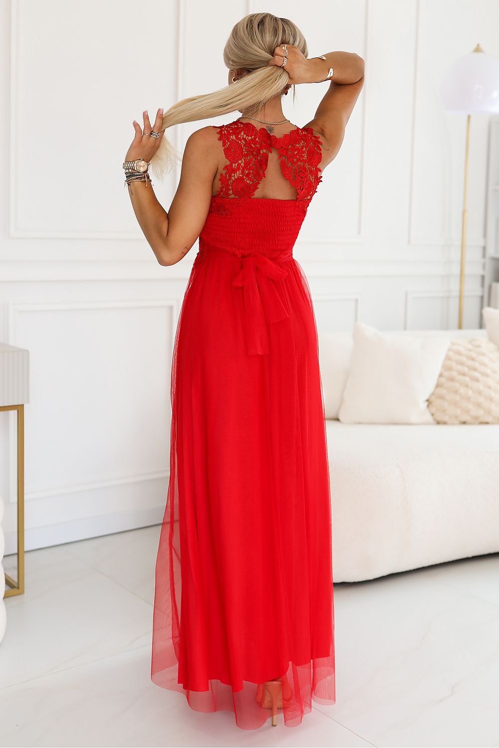 Damen Maxikleid Spitze Tüll Gürtel Rückenausschnitt
