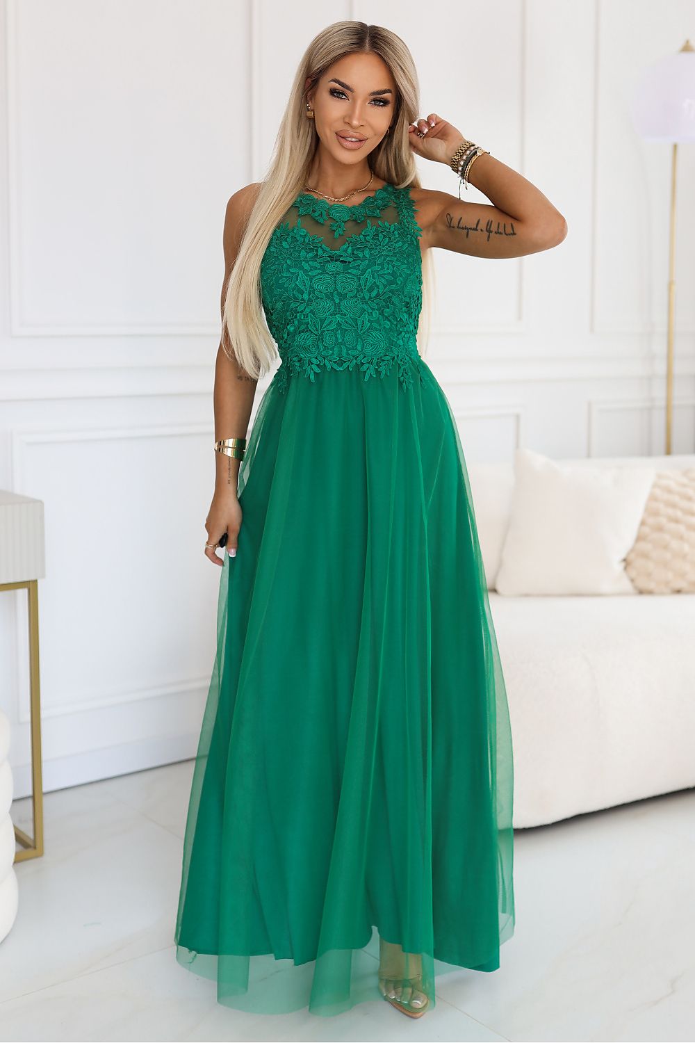 Damen Maxikleid Spitze Tüll Gürtel Rückenausschnitt