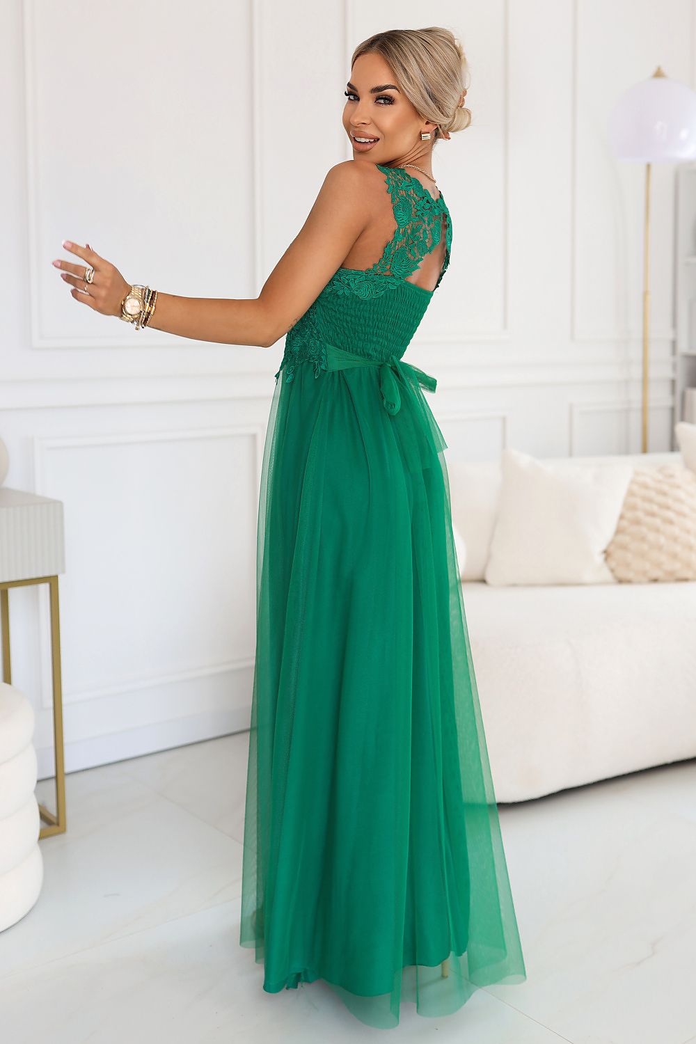 Damen Maxikleid Spitze Tüll Gürtel Rückenausschnitt