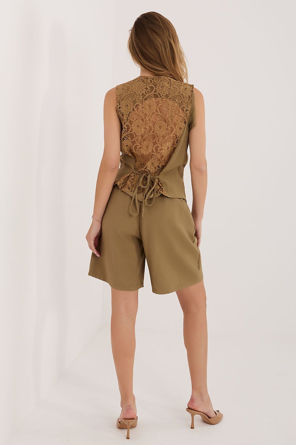Zweiteiler Set Damen Baumwolle Leinen Beige Grün S M L