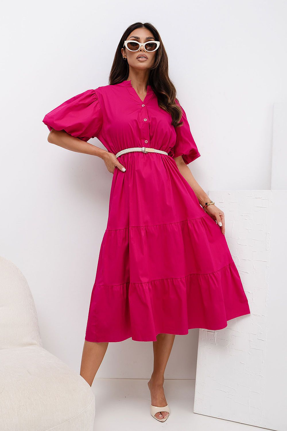 Sommerkleid Damen Knielang V-Ausschnitt Gürtel Volant Baumwolle