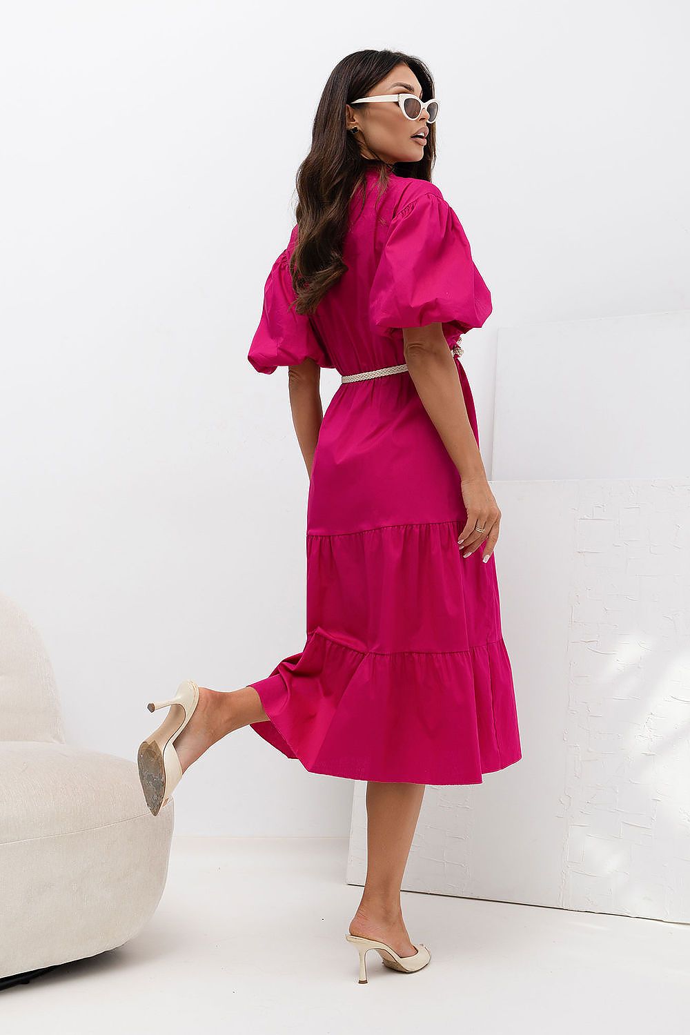 Sommerkleid Damen Knielang V-Ausschnitt Gürtel Volant Baumwolle