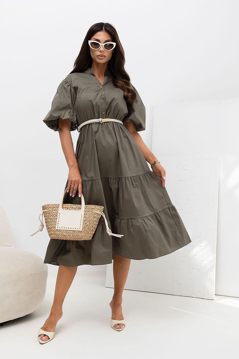 Sommerkleid Damen Knielang V-Ausschnitt Gürtel Volant Baumwolle
