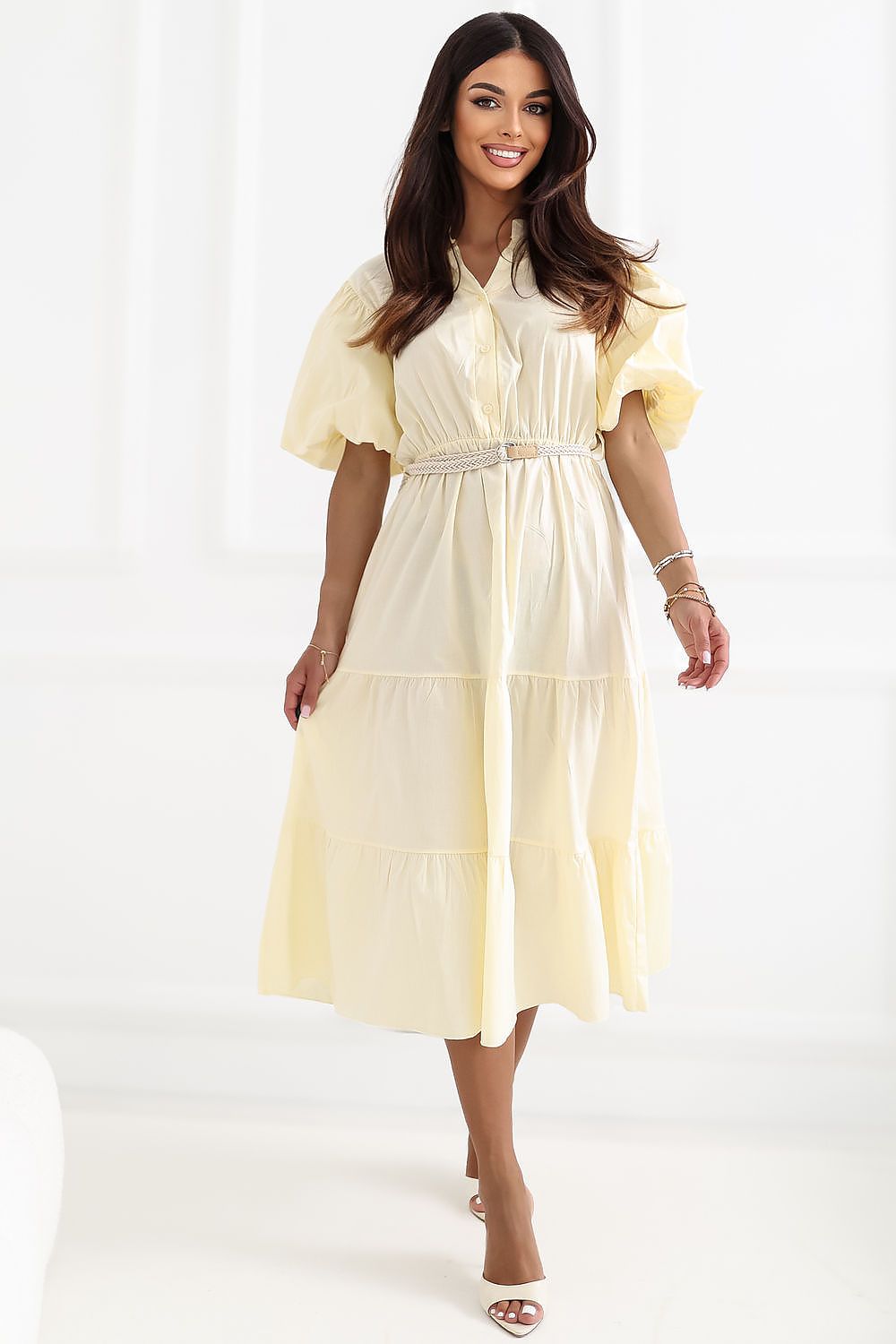Sommerkleid Damen Knielang V-Ausschnitt Gürtel Volant Baumwolle
