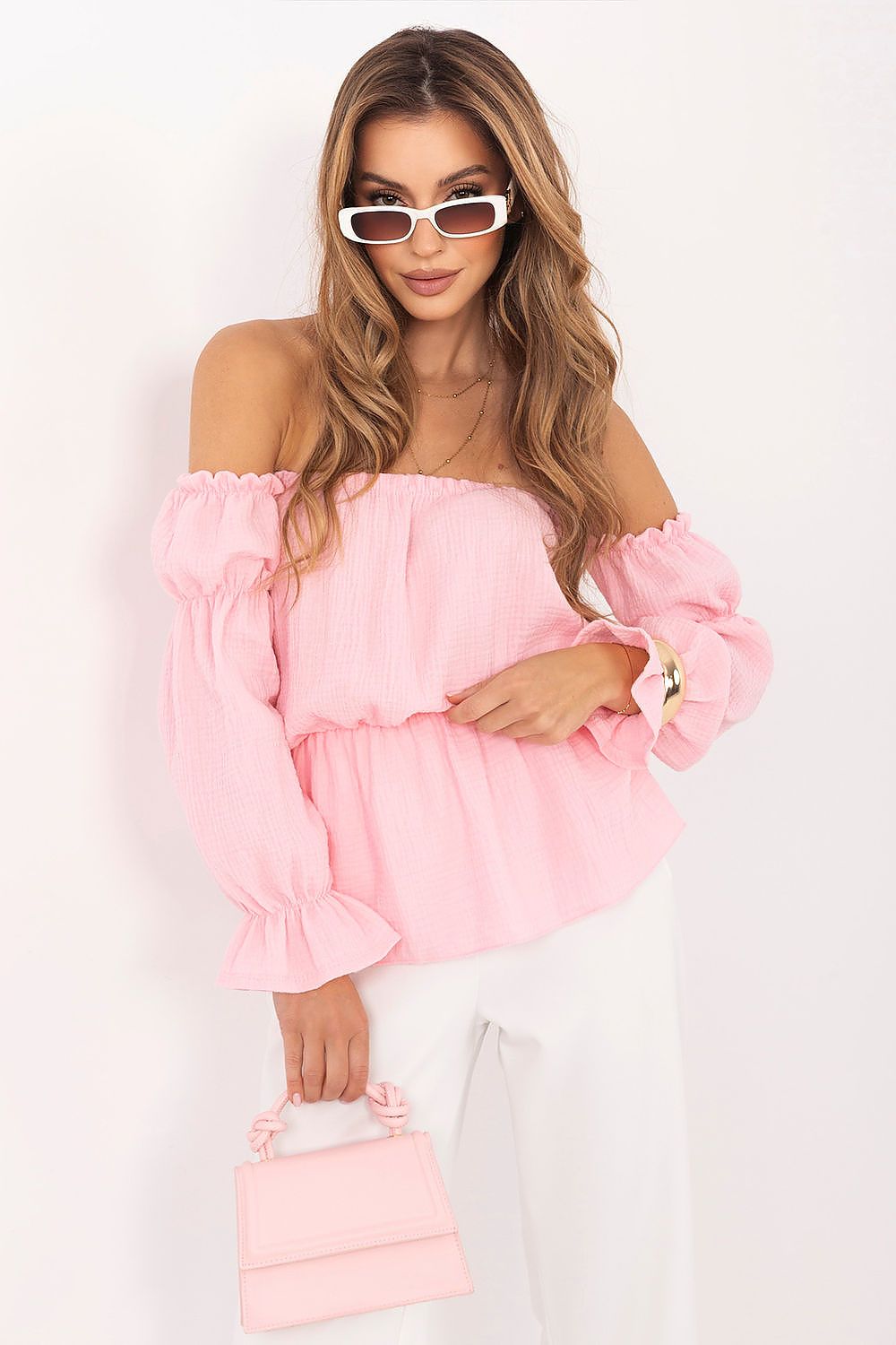 Carmen Bluse Damen Puffärmel Baumwolle Tailliert Sommerbluse