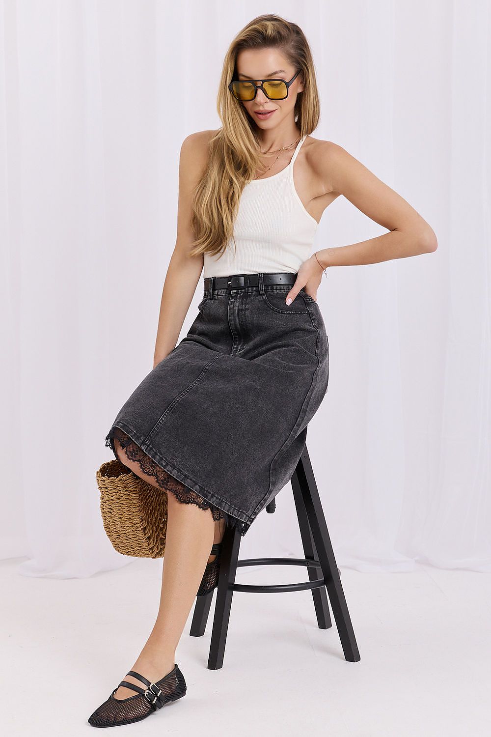 Jeansrock Damen Midi Länge Klassisch Schwarz Blau