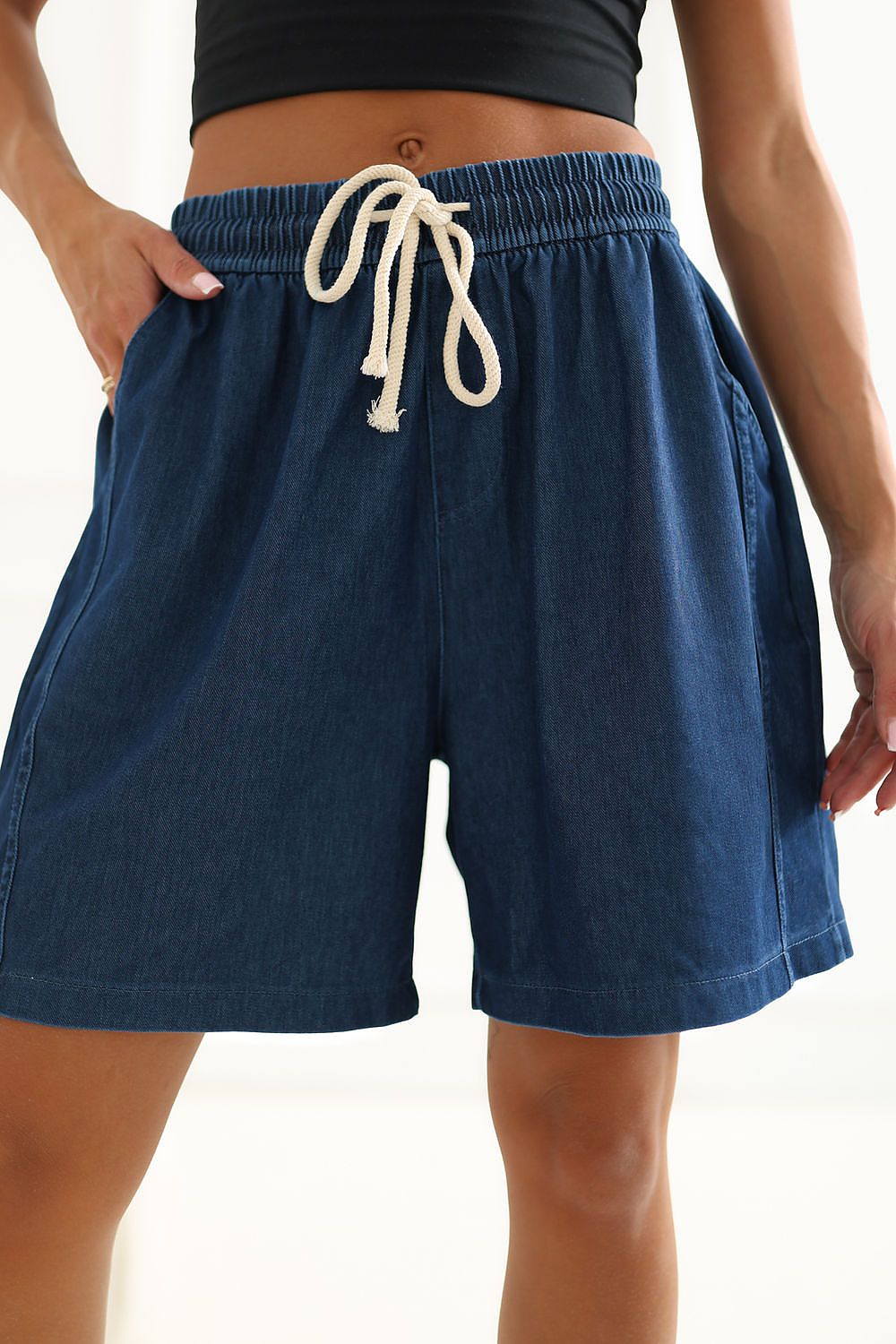 Shorts Damen Kordelzug Seitentaschen Baumwolle Stretch