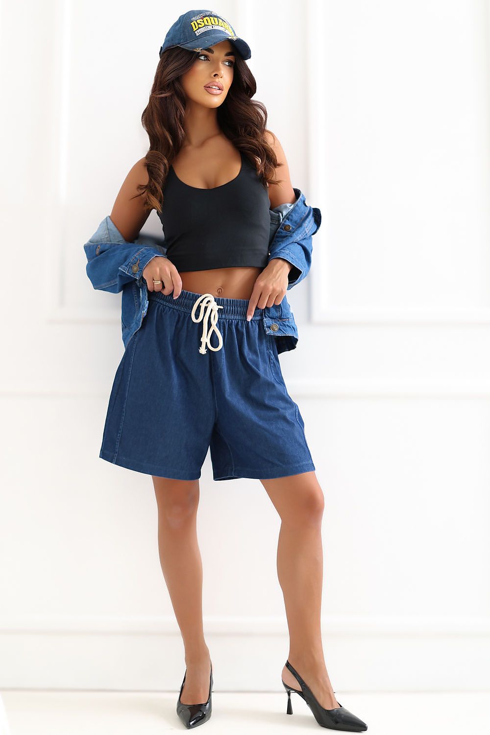 Shorts Damen Kordelzug Seitentaschen Baumwolle Stretch