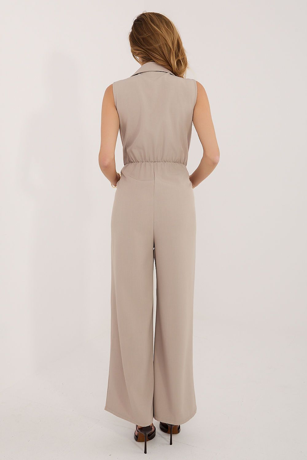 Damen Overall Ärmellos Wickelausschnitt Elegant Beige