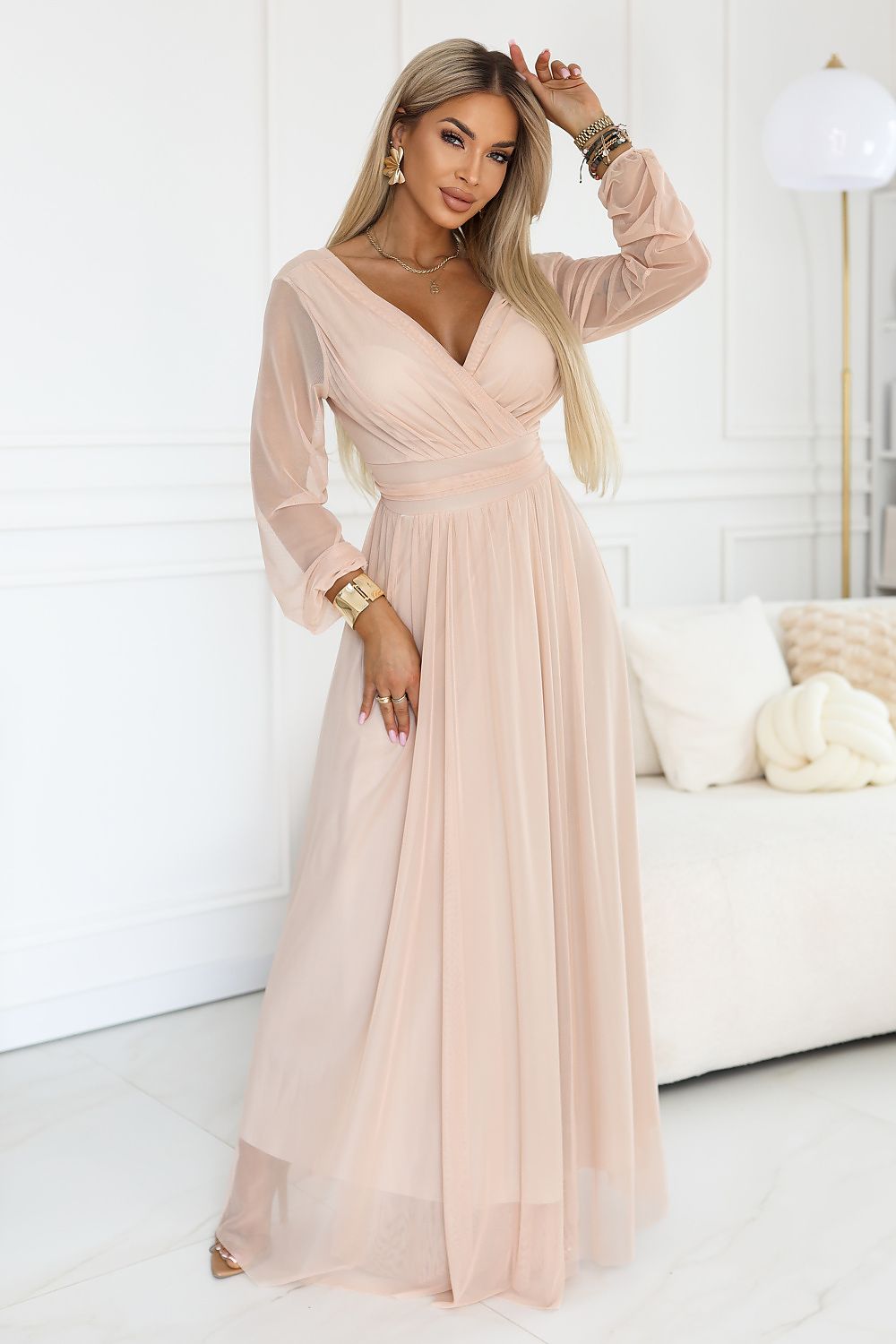 Damen Abendkleid Lang Tüll Rückenausschnitt Transparente Ärmel