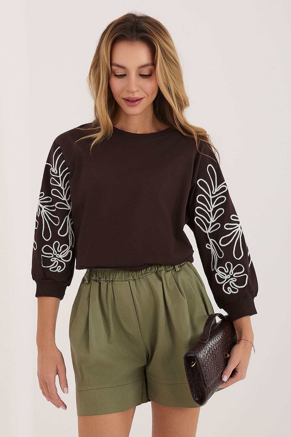 Sweatshirt Damen Kängurutasche Stickerei 3/4 Arm