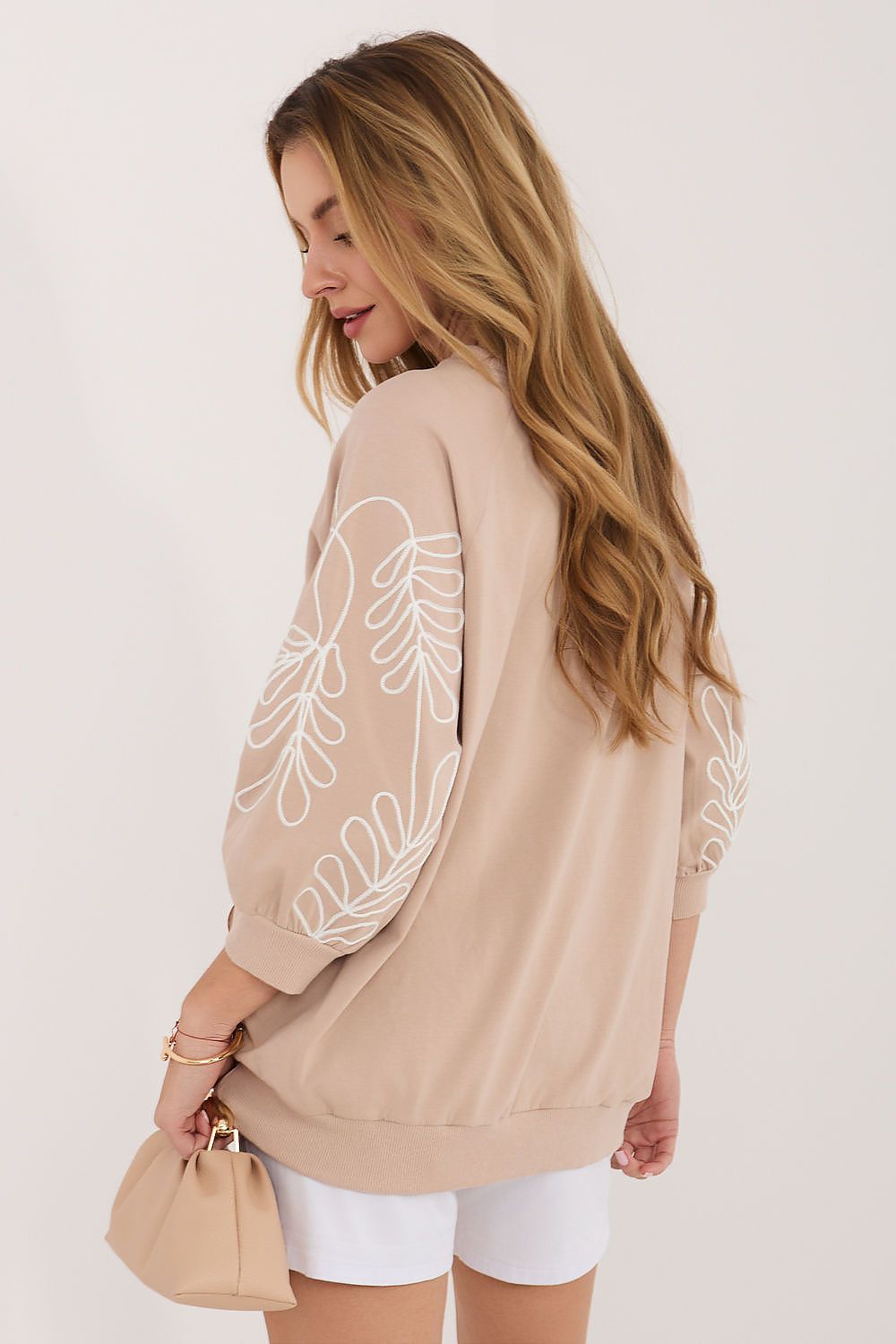 Sweatshirt Damen Kängurutasche Stickerei 3/4 Arm