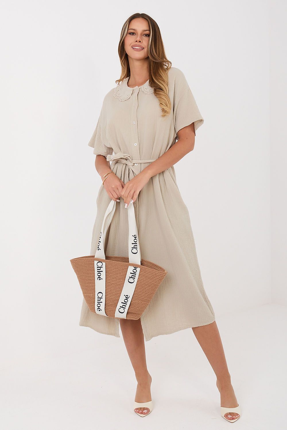 Damen Hemdkleid Midi – Baumwolle mit Gürtel & Taschen