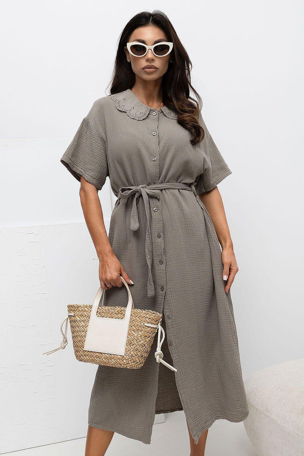 Damen Hemdkleid Midi – Baumwolle mit Gürtel & Taschen