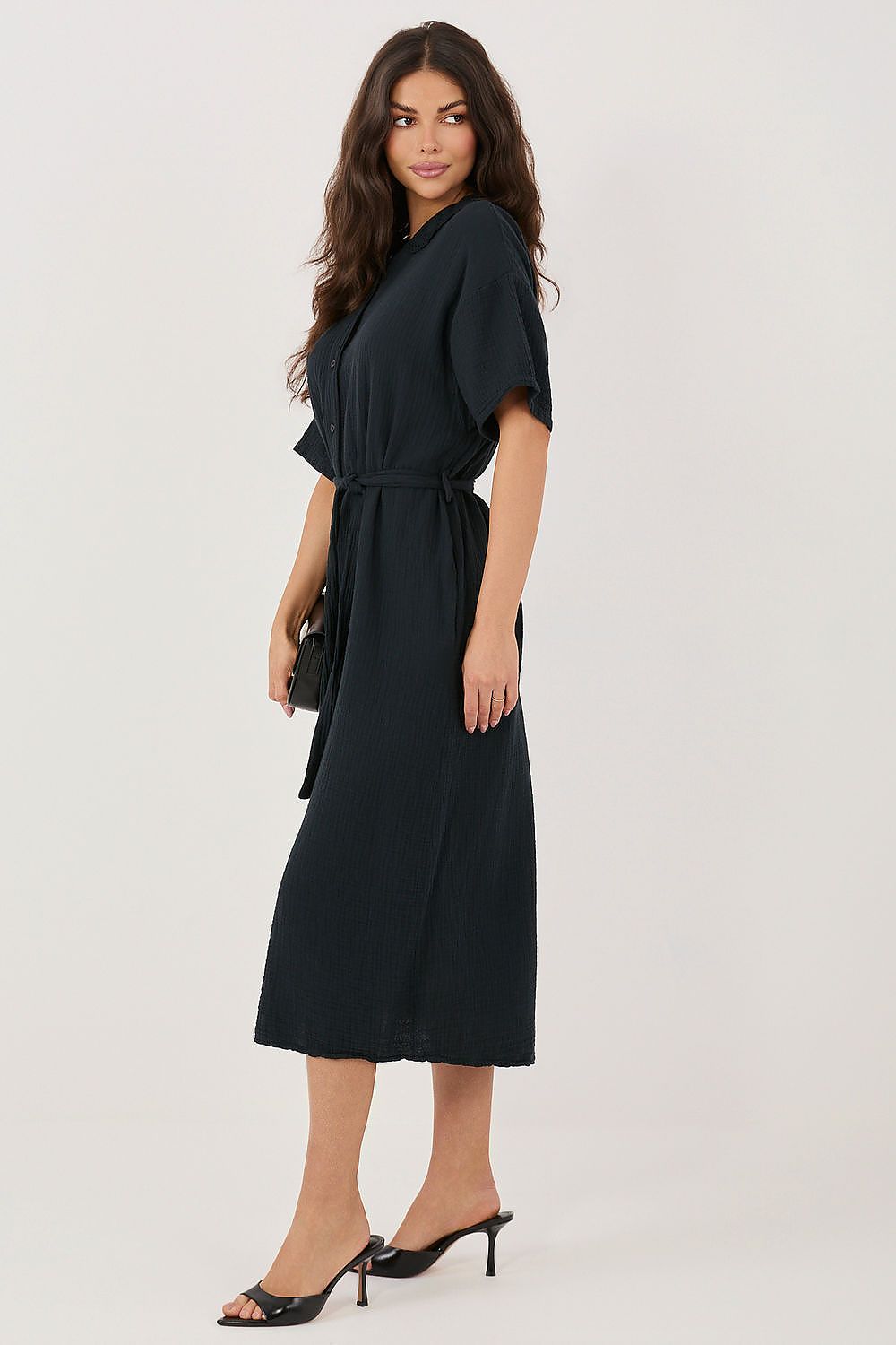 Damen Hemdkleid Midi – Baumwolle mit Gürtel & Taschen