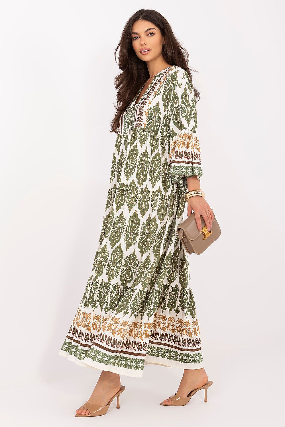 Maxikleid Damen Boho V-Ausschnitt 3/4-Ärmel – Sommer & Leicht