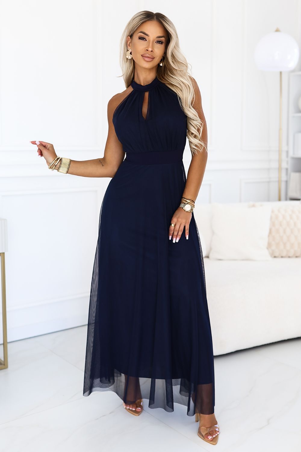 Damen Maxikleid Halter Raffung Gürtel Fließend
