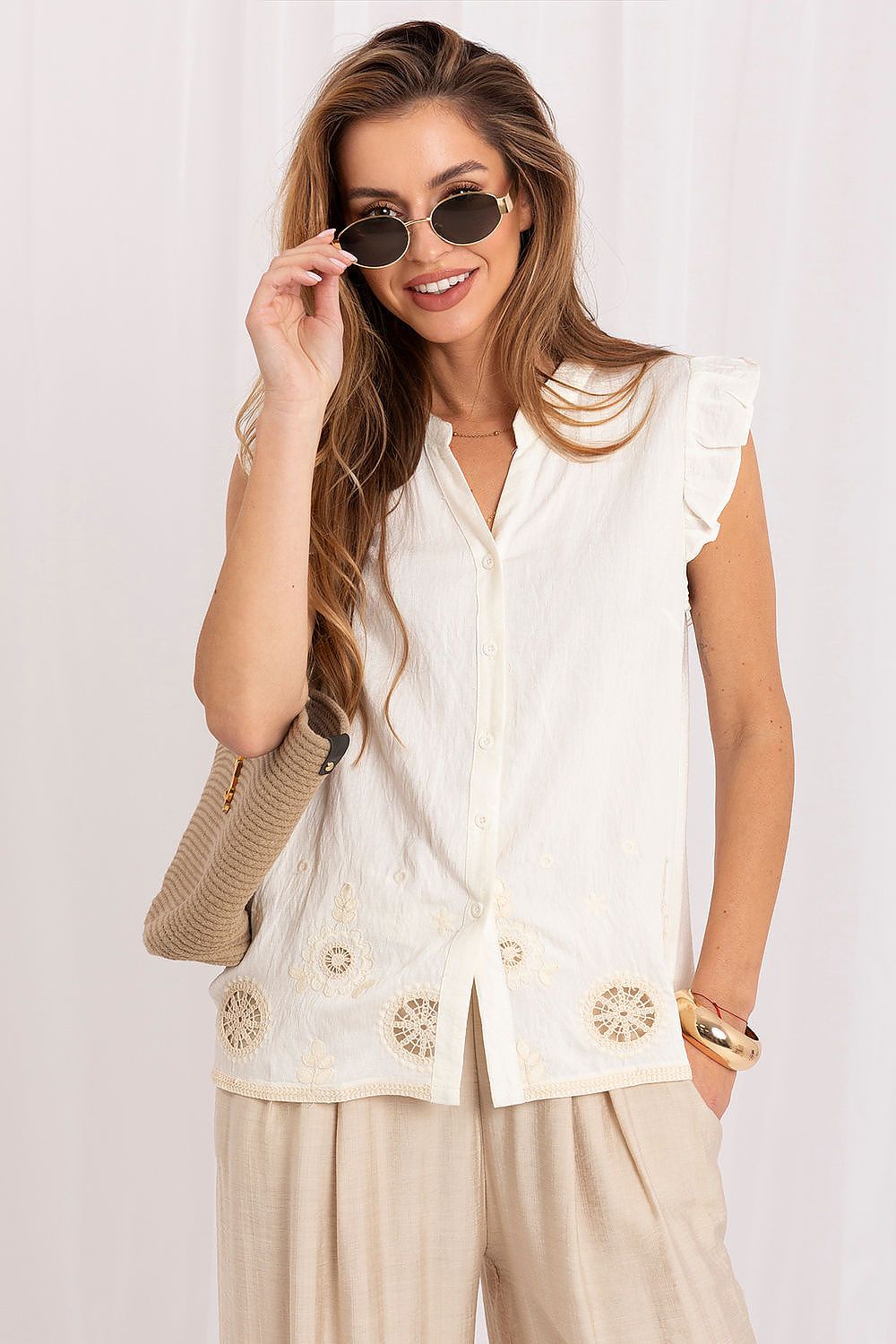Bluse Damen Viskose Rüschen Stickerei Elegant