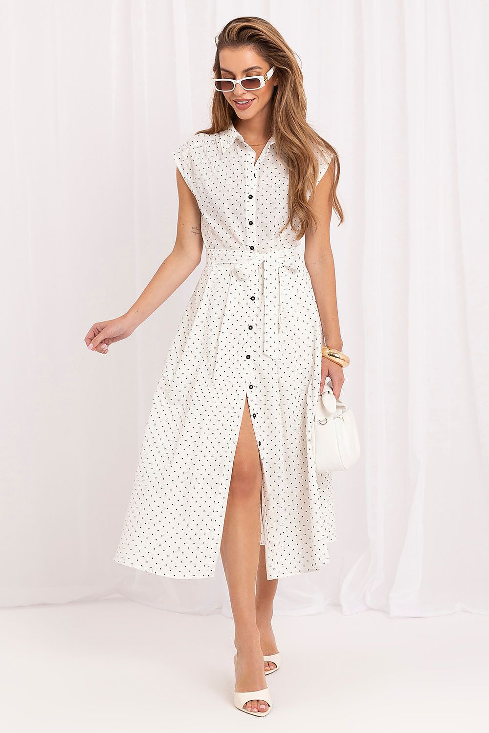 Kleid Damen Midi Punkte Ärmellos Hemdblusen-Stil