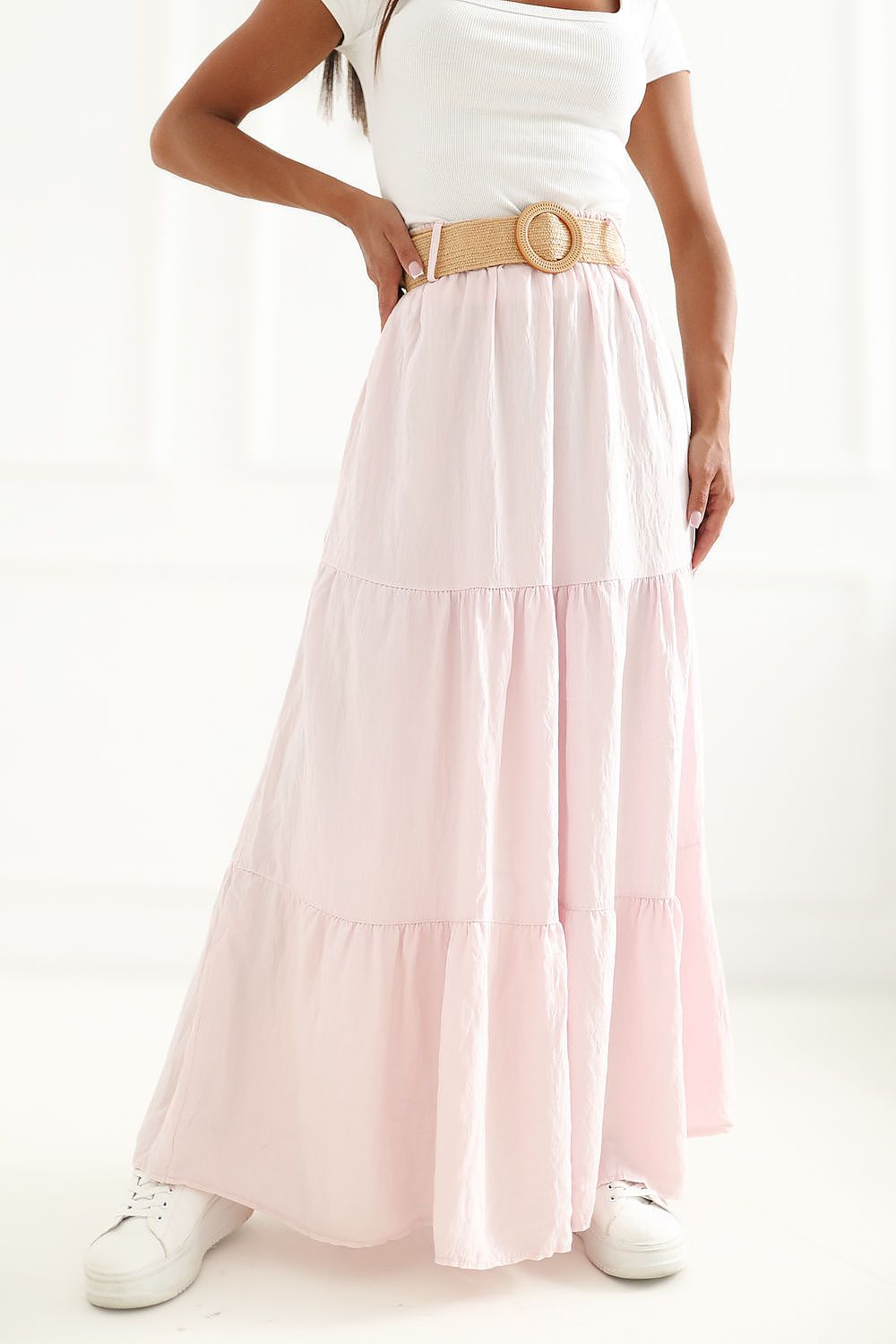 Maxirock Damen Boho Viskose Rüschen Rosa