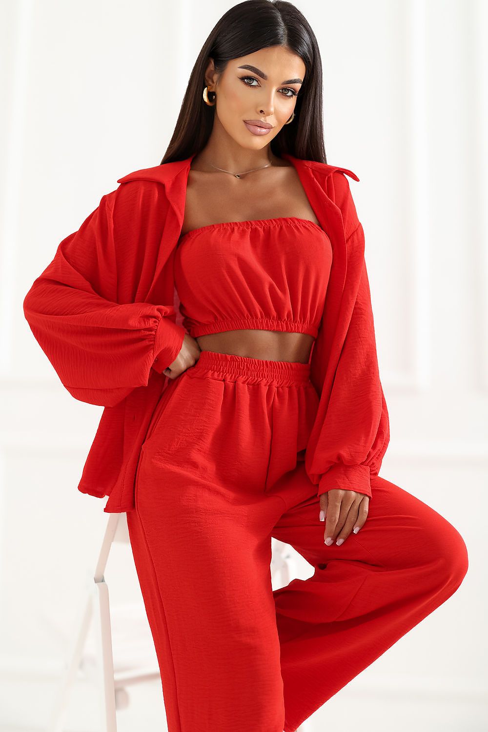 Damen Set 3-teilig Top Bluse Hose Rot Elegant