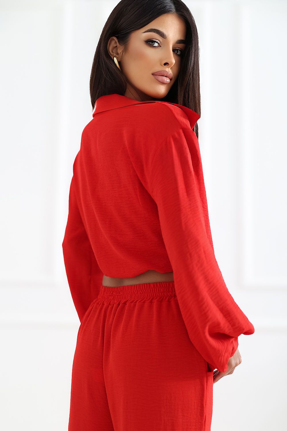 Damen Set 3-teilig Top Bluse Hose Rot Elegant