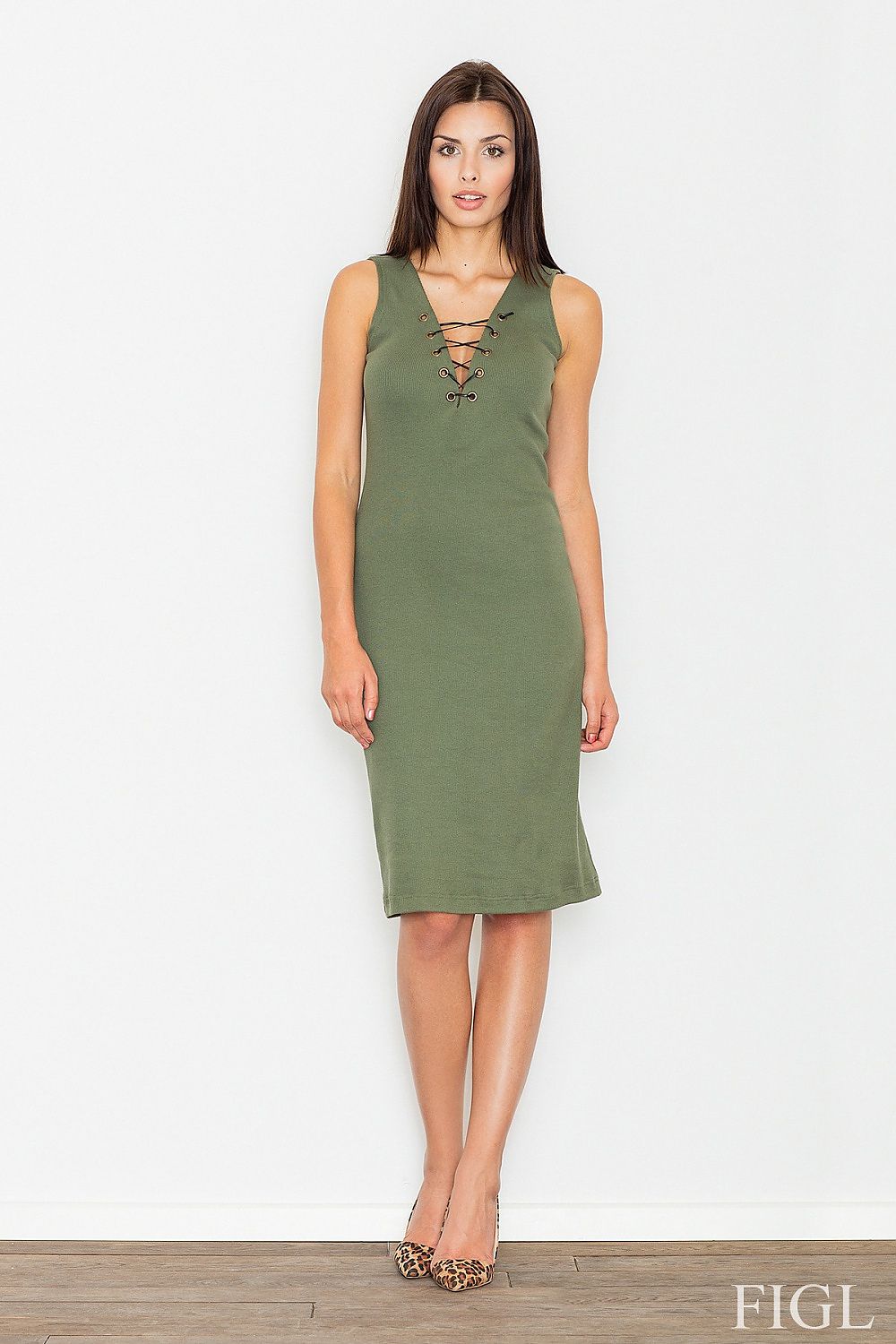 Kleid Damen Baumwollstrick Schnürung Ausschnitt figurbetonend – elegant & feminin