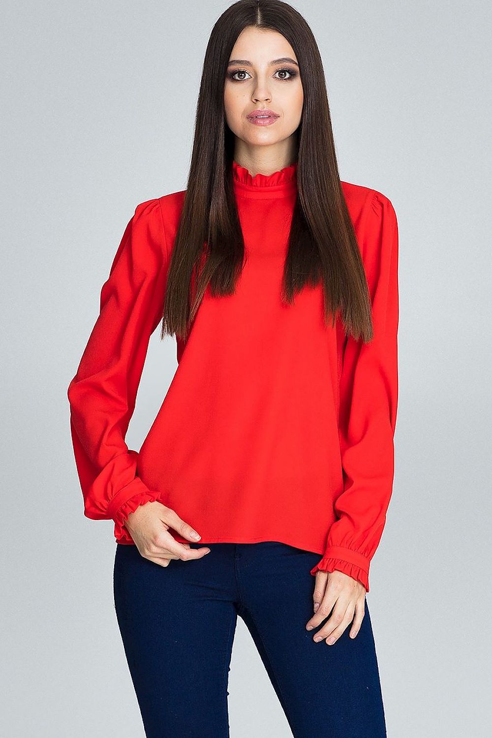 Bluse Damen plissierte Ärmel Rüsche elegant – Gelb Rot Blau Beige