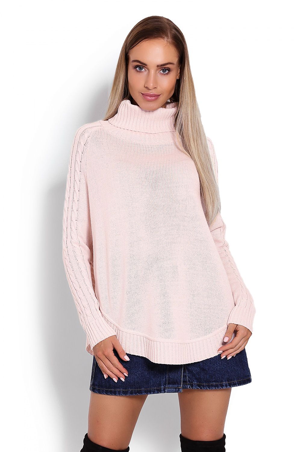 Damen Poncho Rollkragen Flechtmuster Strick