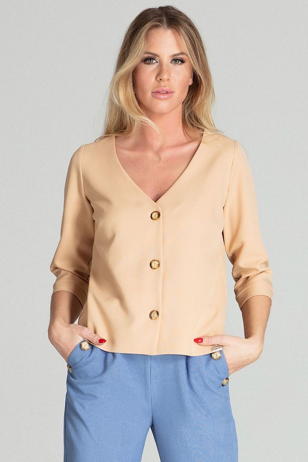 Bluse Damen 3/4-Arm Käseausschnitt Knopfverschluss elegant