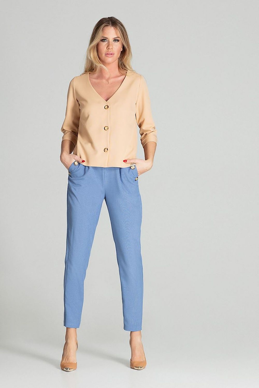 Bluse Damen 3/4-Arm Käseausschnitt Knopfverschluss elegant