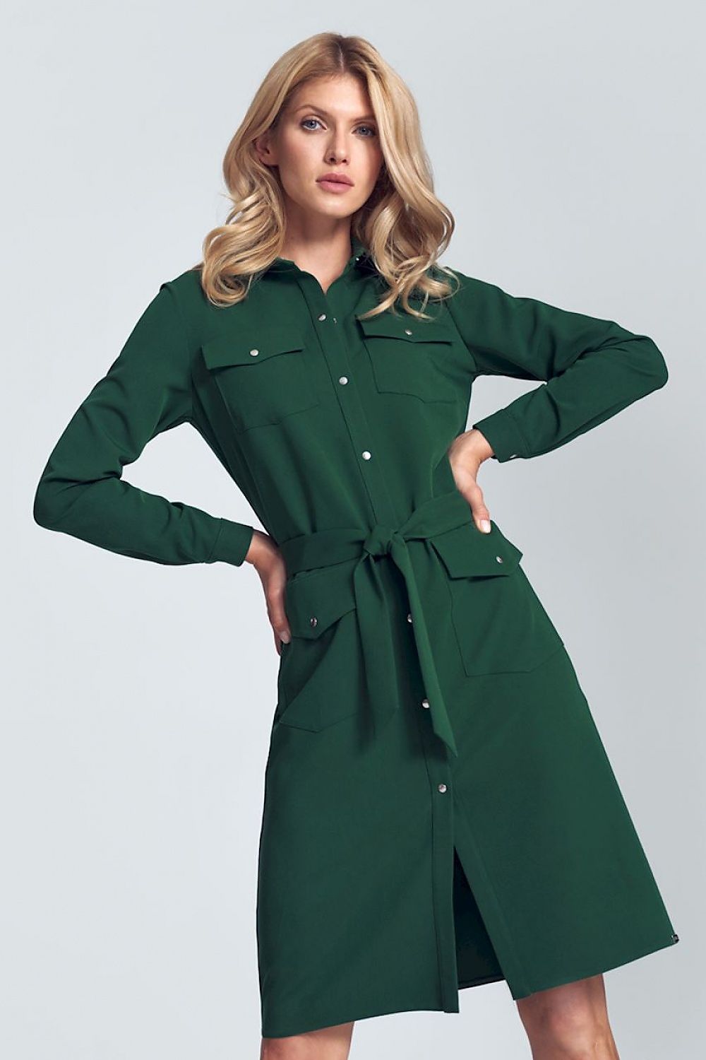 Midi Hemdkleid Damen grün Taillengürtel Knopftaschen – lässig elegant