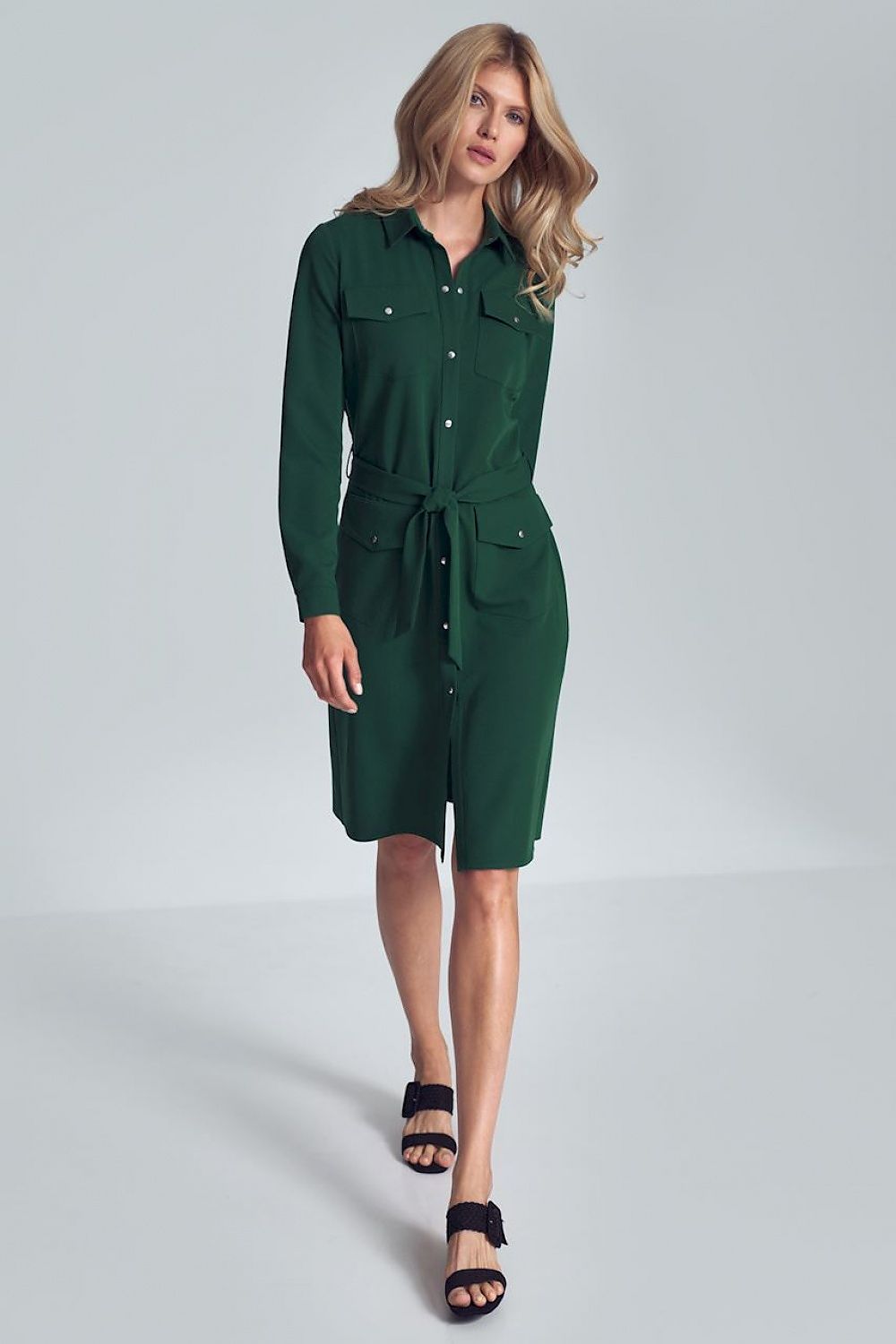 Midi Hemdkleid Damen grün Taillengürtel Knopftaschen – lässig elegant