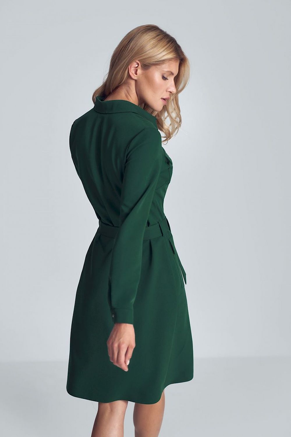Midi Hemdkleid Damen grün Taillengürtel Knopftaschen – lässig elegant