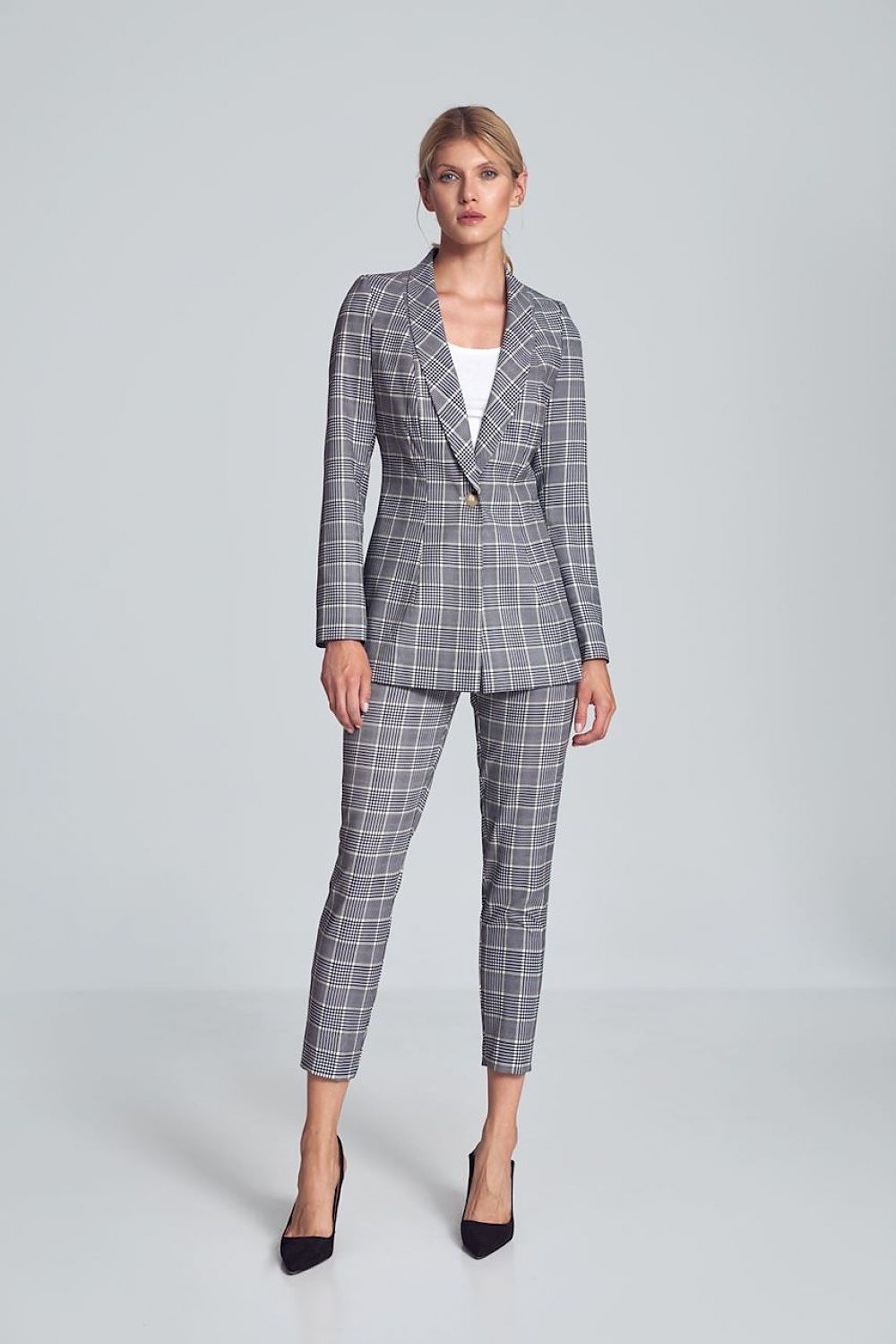 Damen Jacke grau Schalkragen tailliert Einknopf – elegant & zeitlos