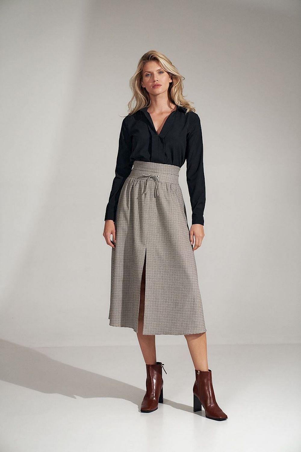 Langer Plisseerock Damen grau ausgestellt Bindeband hohe Taille