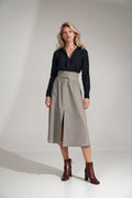 Langer Plisseerock Damen grau ausgestellt Bindeband hohe Taille