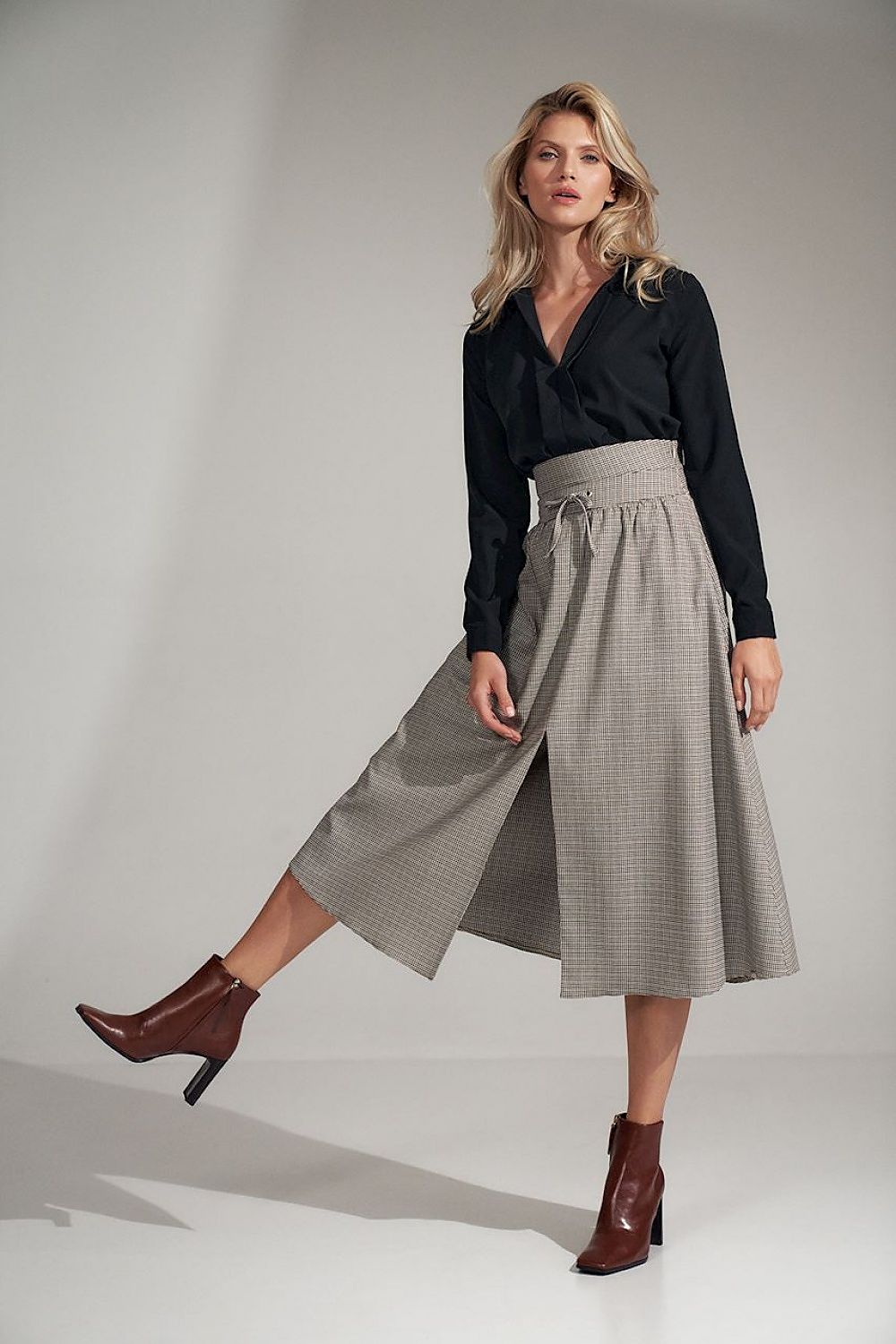 Langer Plisseerock Damen grau ausgestellt Bindeband hohe Taille