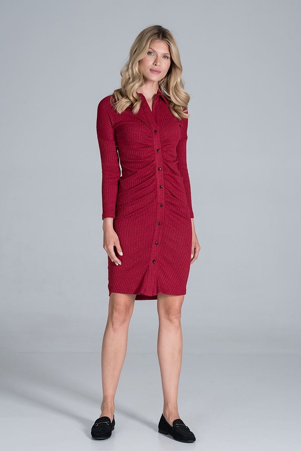 Midi Kleid Damen Rippenstrick Kragen geknöpft – elegant & fließend