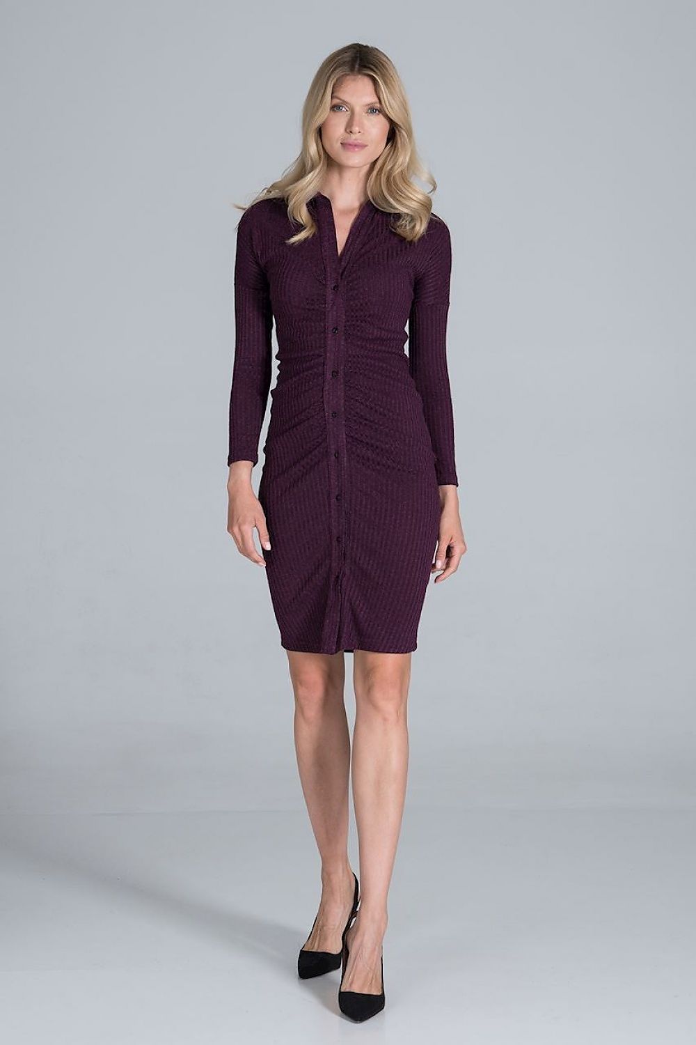 Midi Kleid Damen Rippenstrick Kragen geknöpft – elegant & fließend