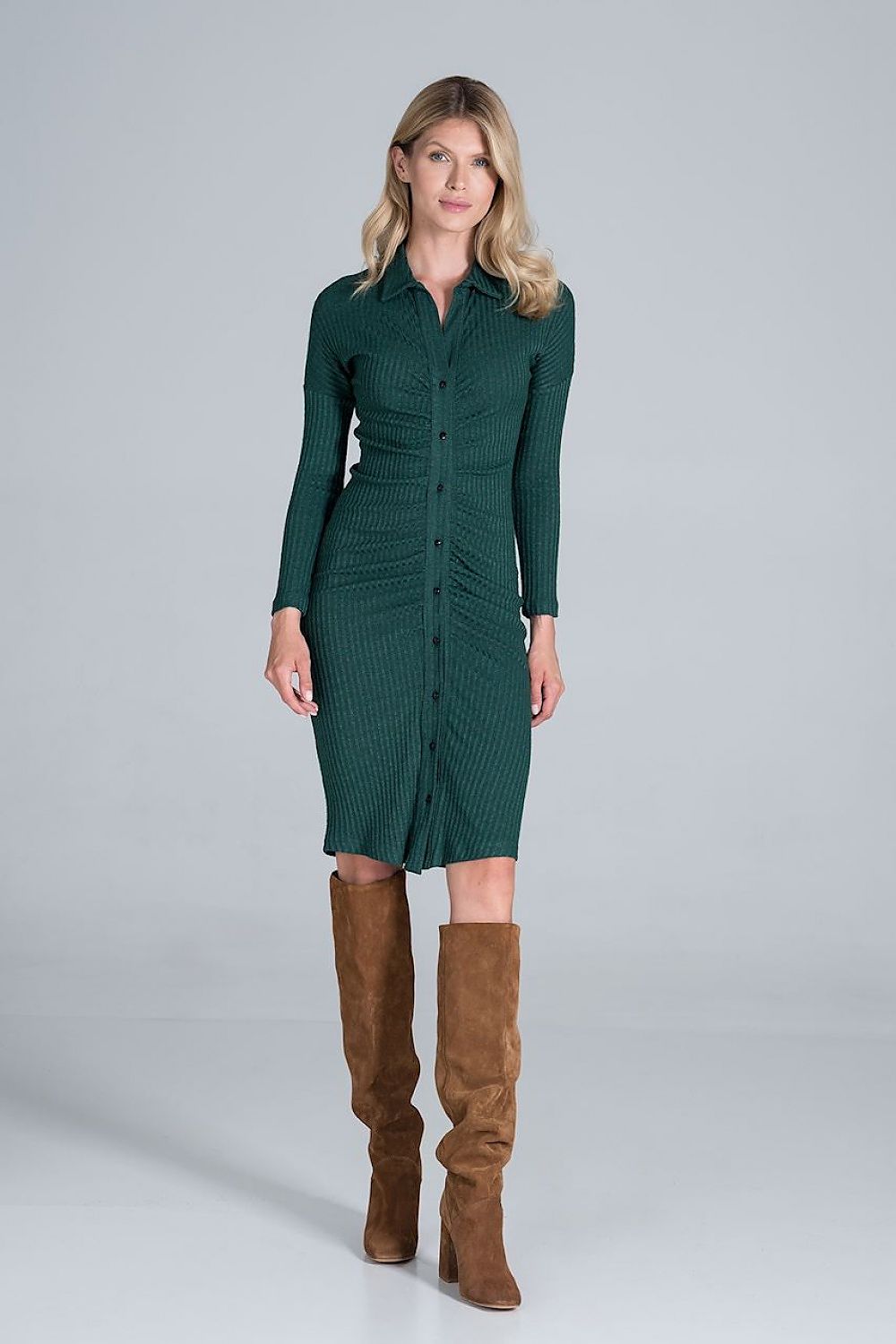 Midi Kleid Damen Rippenstrick Kragen geknöpft – elegant & fließend