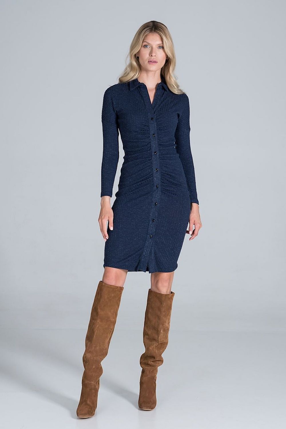 Midi Kleid Damen Rippenstrick Kragen geknöpft – elegant & fließend