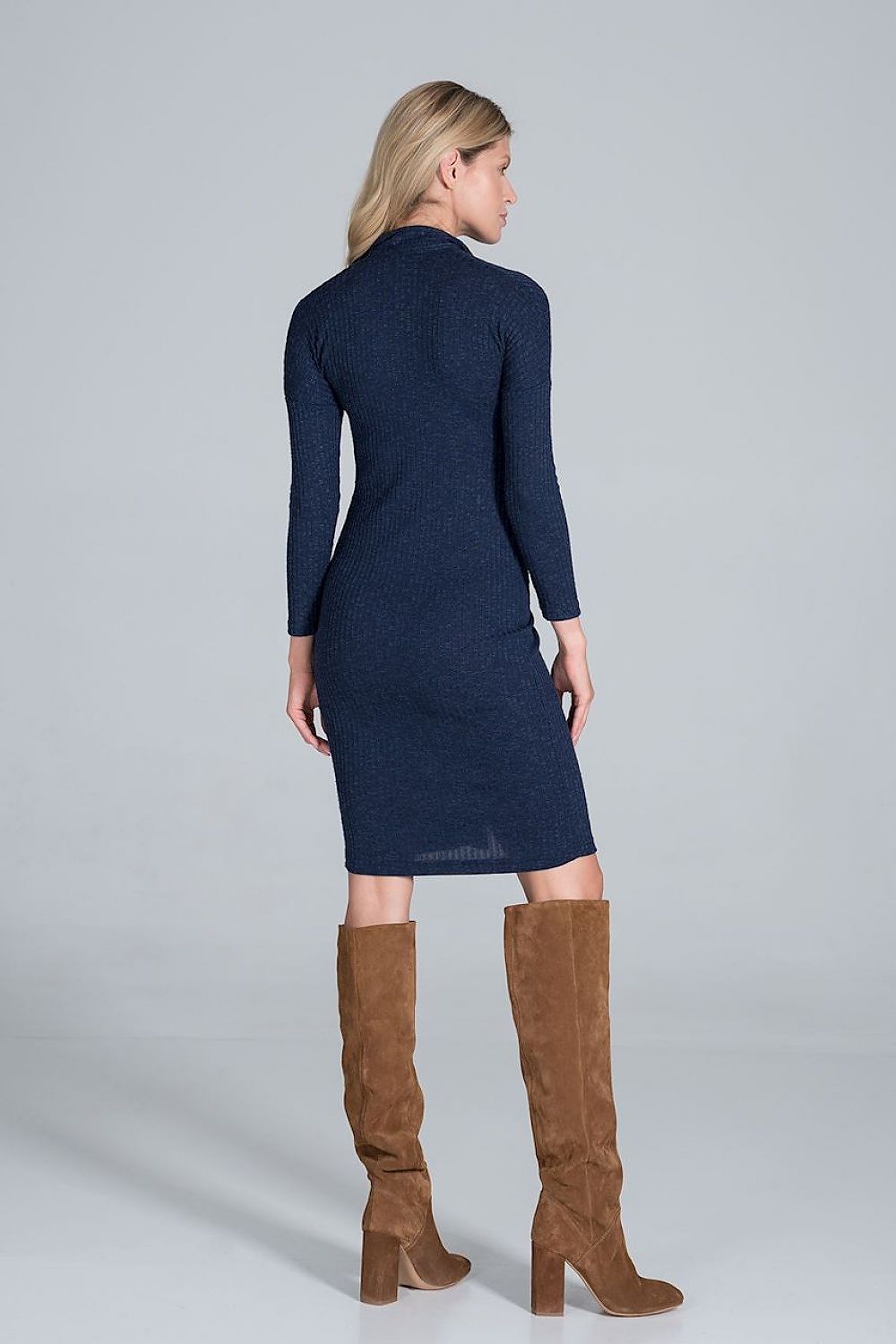 Midi Kleid Damen Rippenstrick Kragen geknöpft – elegant & fließend